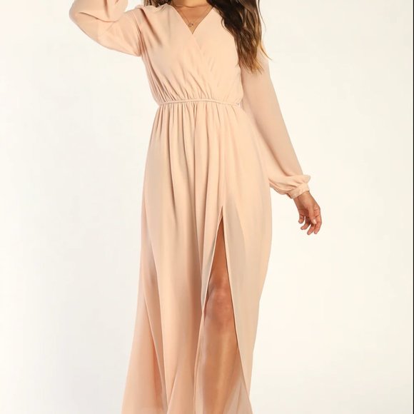 NWT LULU'S Wondrous Water Lilies Blush Pink Long SleeveMaxi Dress With Leg Slit - Picture 7 of 9